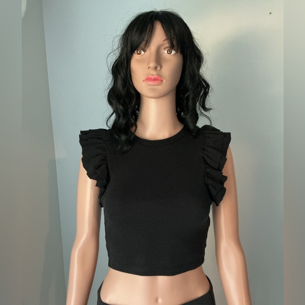 Zara Black Ruffled Crop Top SZ S *